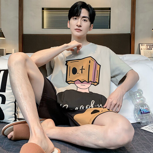 Ланга (Лангша) Летняя мужская пижама Pure Cotton Clothed Cartooned Cartoon Teenager Men's Summer's Summer Thin Bare-Size Student Home Clothing Set DMY6621# M Small [Предлагаемая высота 155 см и вес 75