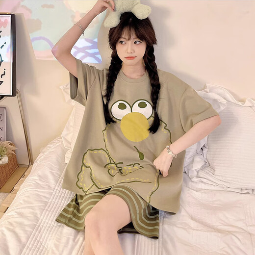 Opeodly2025年新款睡衣女夏季短袖女款可爱卡通甜美大码家居服套装可外穿 686灰猫咪 M 【建议80-90斤】