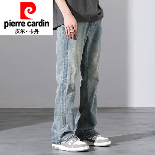 皮尔卡丹（pierre cardin）美式牛仔裤男生微喇叭夏季高街复古怀旧窄版直筒长裤子春秋款针织 9901怀旧蓝 XL