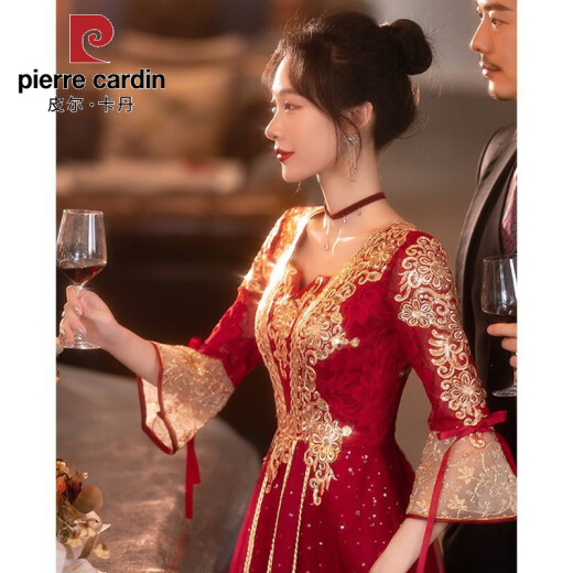 皮尔卡丹敬酒服新娘2025新款夏季酒红色感中式长袖结婚订婚礼服女 酒红色中长款 【684】 XL