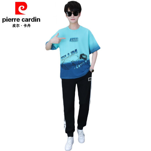 皮尔卡丹（pierre cardin）夏季青少年短袖t恤男孩衣服高中初中学生大童夏装帅气运动套装潮 白灰色 套装TZ9226款 S 【60-75斤】