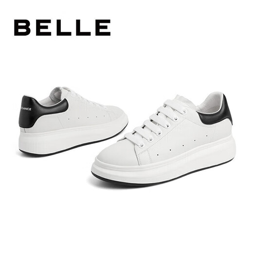 Belle Men's Casual Genuine Leather Business White Shoes Winter Sports Shoes Thick Sole Heightening Sneakers Plus Velvet A0615AM2 White/Black (Single Liner) 40 (250mm)