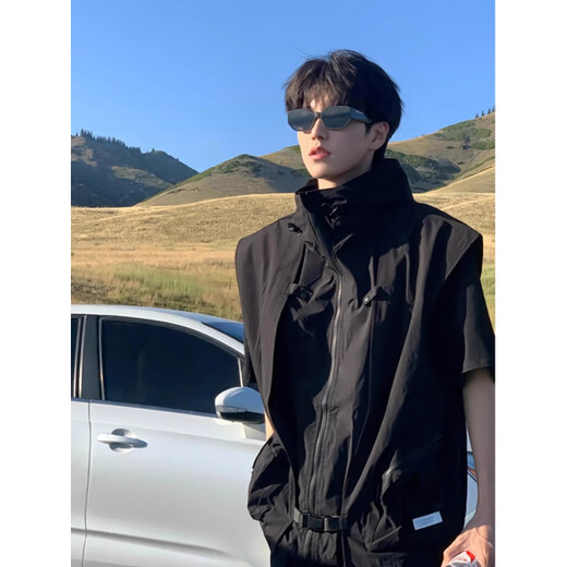 GXMY American Functional Functional Maneveless Work Chaleco de alta gama de la marca de moda de montaña de alta gama Menores de la altura de la montaña con capucha Chaqueta para hombres Black XL