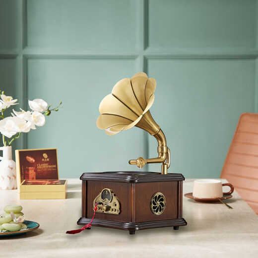 Canna retro mini CD gramophone European bluetooth hifi speaker old antique home CD player living room ornaments simulated vinyl record player D99 birthday gift D99MAX version walnut color + Chinese culture charger and plug-in dual-purpose (10 CD discs)