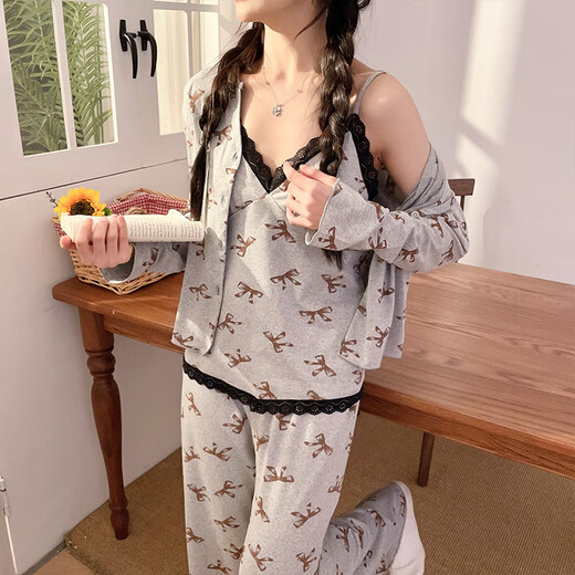 S.SOFEA女士长袖睡衣V领带胸垫家居服可外穿休闲两件套春夏秋 三件套WX13803黑(带胸垫) 170 M(80-100斤)