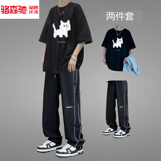 Luosenchi (Luosenchi) Jugendsport-Set Herren Sommer Pure Cotton Kurzärmel-Herrenmode 2025 Neue modische hübsche Hochschule Sommeranzug [zweiteiliger Set] 1048 reines Baumwoll-T-Shirt Grey + Hose Black S