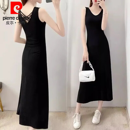 皮尔卡丹（pierre cardin）莫代尔面料2025夏季新款美背显瘦气质修身连衣裙长款法式吊带裙女 3880#黑色 XL 建议【101-115斤】购买