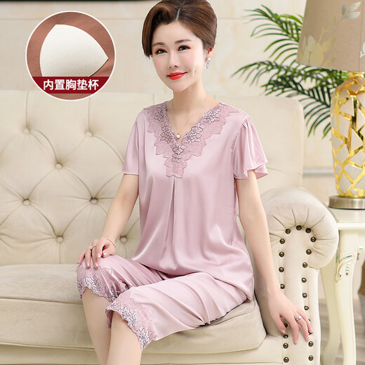 Pijamas modales de verano para madres de mediana edad con protectores para los senos, conjunto de ropa para el hogar de seda de hielo de manga corta fina de seda simulada de verano para mujeres para personas de mediana edad y mayores AYM684 Silver M sin protectores para los senos