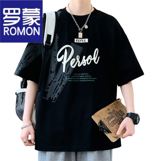 罗蒙（ROMON）短袖男士t恤潮流印花体恤衫高端休闲半袖宽松凉感打底衫夏季衣服 693青色 M 约80-100斤可穿