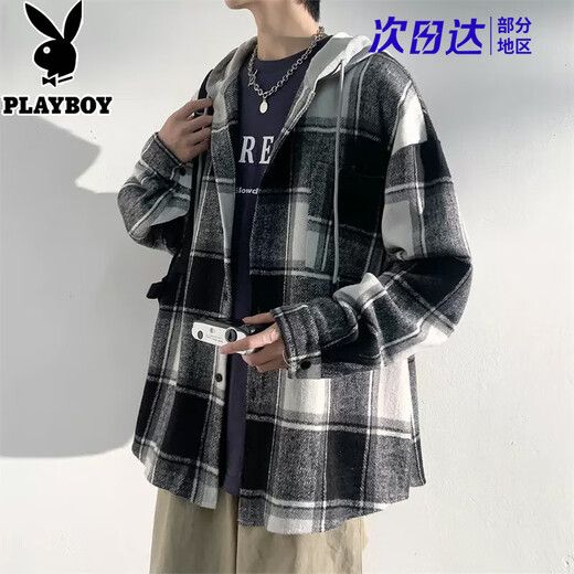 Playboy hooded men's shirt long-sleeved spring and autumn new thickened loose trendy casual plaid shirt jacket for men J25858 black plaid XL recommended 130-145Jin Jin equals 0.5 kg
