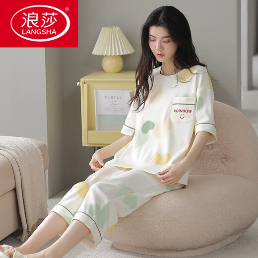 浪莎（LangSha）2025睡衣女士夏季纯棉短袖七分裤可外穿甜美休闲全棉家居服舒适时 607灰色条纹 黑白条纹9848 M 建议75-90斤穿