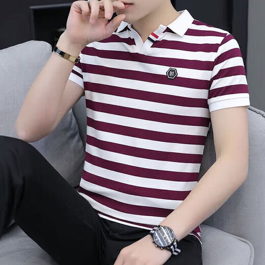 丨Lilang丨[Brand code breaks and picks up bargains] New summer men's short-sleeved T-shirt Korean striped T-shirt POLO. Shirt 159 brown M 80-105Jin [Jin equals 0.5 kg]