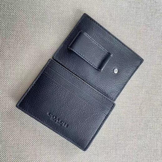 CoaCH (COACH) men's short card bag genuine leather bag coin wallet business card bag official authentic black embossed simple version