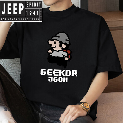 Jeep Spirit260g schwere kurzärmelige T-Shirt-T-Shirt-übergroßes rundes Nackenoberteil mit Pixel-gedruckter Baumwoll halbärmelig M09-693 Black S