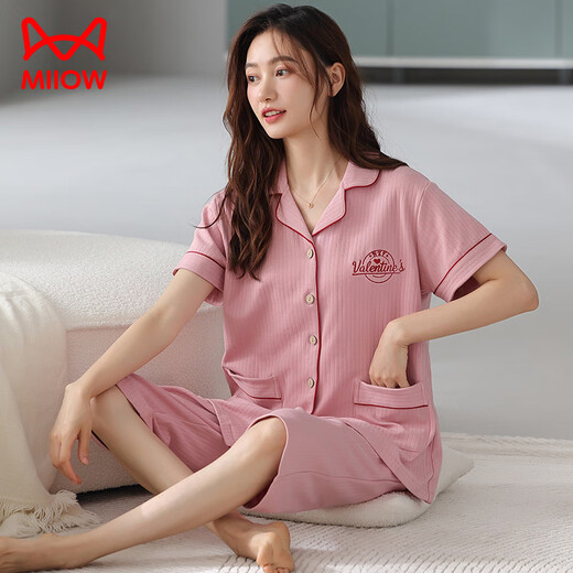 猫人（MiiOW）睡衣女夏季短袖七分裤开衫棉质翻领宽松大码休闲家居服套装可外穿 NX9871 M 女