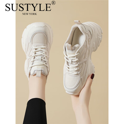 SUSTYLE奢侈高端品牌高档厚底老爹鞋女2025春季新款休闲运动鞋小白鞋 JST7028米色/春秋款/跟高5CM. 34 .