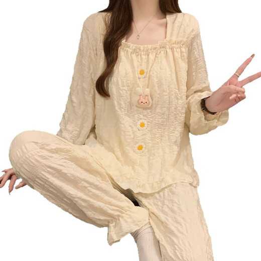 HUALIN FASHION女款春秋季甜美风睡衣套装长袖长裤可外穿家居服 679-1杏 170 M