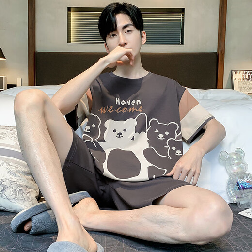Ланга (Лангша) Летняя мужская пижама Pure Cotton Clothed Cartooned Cartoon Teenager Men's Summer's Summer Thin Bare-Size Student Home Clothing Set DMY6621# M Small [Предлагаемая высота 155 см и вес 75