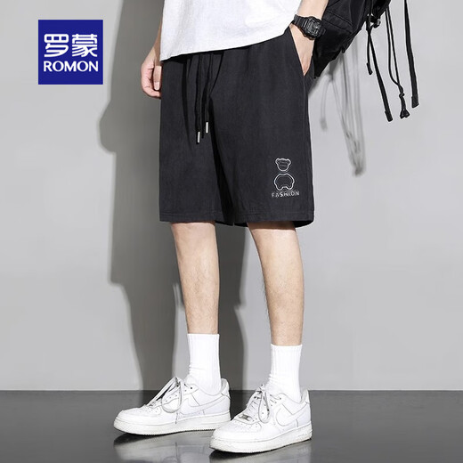 罗蒙休闲裤男美式复古冰丝短裤夏季薄款宽松工装运动男生夏天大裤衩子 KC806黑色 XL （ 130-150斤可穿）