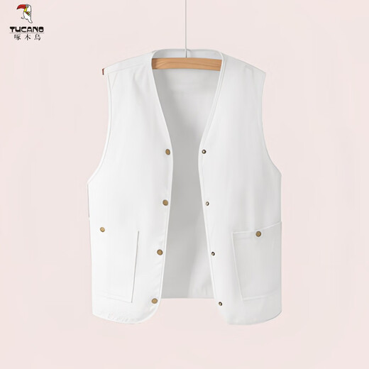 Woodpecker (TUCANO) 2025 new Korean style loose vest top embroidered white denim vest short jacket men's spring and summer wear white L recommended 110-130Jin Jin equals 0.5 kg
