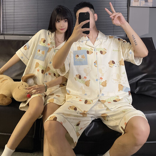 雅鹿情侣睡衣男女款夏季短袖加大码加肥卡通小狗薄款家居服可外穿套装 MJ-S761#米其双短(女图) M 75-95斤
