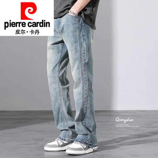皮尔卡丹（pierre cardin）美式牛仔裤男生微喇叭夏季高街复古怀旧窄版直筒长裤子春秋款针织 9901怀旧蓝 XL