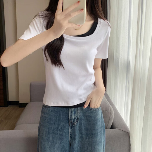 拼接撞色方领黑色短袖假两件女生夏季新款ins内搭打底短款上衣 杏色 【KK-R719】 M