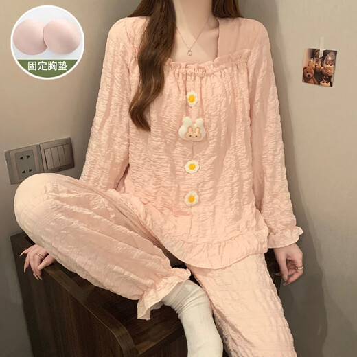 HUALIN FASHION女款春秋季甜美风睡衣套装长袖长裤可外穿家居服 679-1杏 170 M