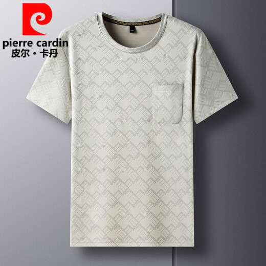 皮尔卡丹（pierre cardin）夏季爸爸短袖T恤男士冰丝圆领休闲口袋上衣中年透气宽松大码半袖 TC-短袖-687军绿 XL 175/135-155斤