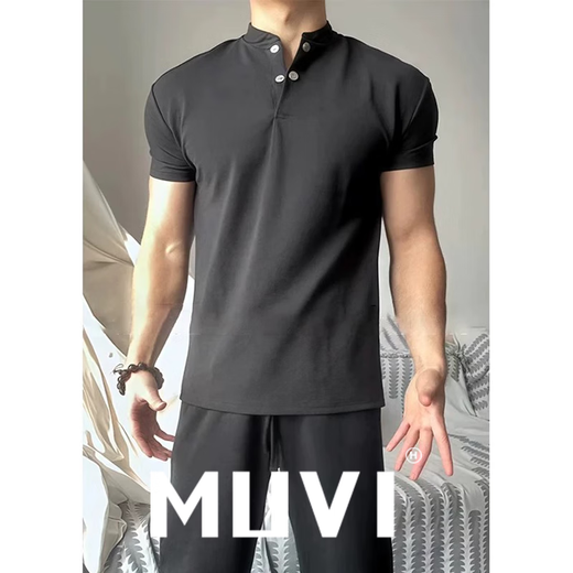 Mu Wei American retro front shoulder polo short-sleeved T-shirt for men's summer new heavy Henry neck slimming bodysuit Grey L [Suggested 120-140Jin [Jin equals 0.5 kg]]