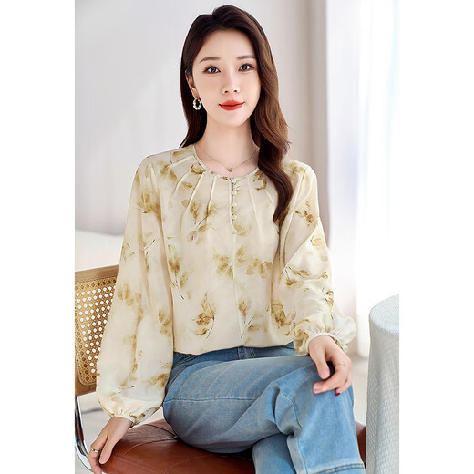 源头工厂夏季新灯笼长袖衬衫女真丝双绉100%桑蚕丝衬衣打底衫9926 绿卡色 均码 M(90-115斤)