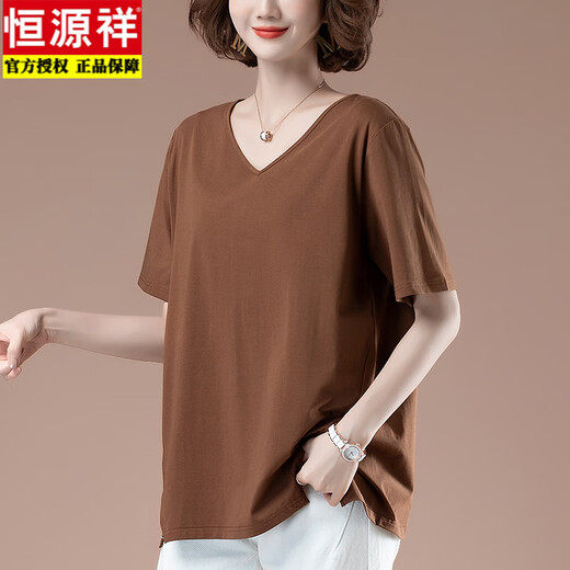 恒源祥大码短袖t恤女夏薄款纯棉宽松中年妈妈鸡心领全棉汗衫t血V领上衣 军绿色【AM-216款】 5XL 适合180-200斤