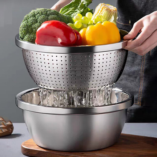 Rice helper stainless steel basin for washing vegetables, drain basket, leaky basin, washing basin, egg beating and basin, boiling fish basin, laundry canteen basin, 22cm extra thick, solid basin + leaky basin, combination pack