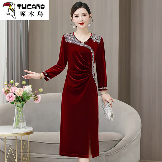 Woodpecker (TUCANO) mother's wedding dress, wedding banquet dress, high-end mother-in-law cheongsam 2025 new wedding dress velvet blue without velvet 3XL