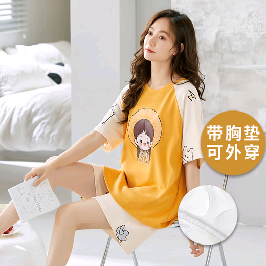 SONDR2024新款带胸垫睡衣女夏季短袖短裤韩范休闲可外穿家居服两件套装 带胸垫女短袖短裤：YW-1509 L 建议【90-110斤c