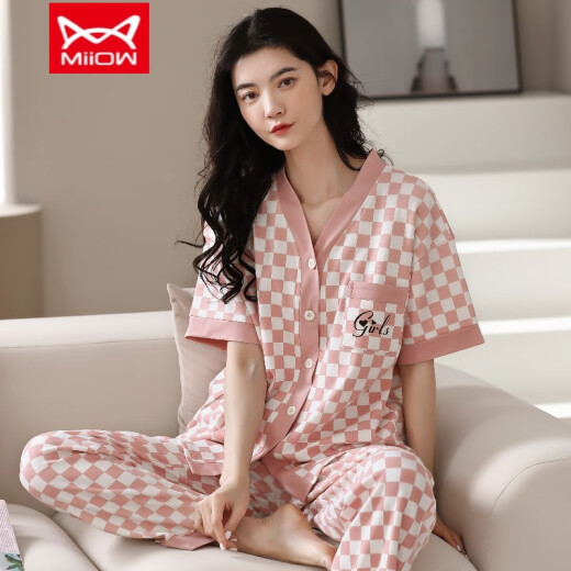 猫人（MiiOW）纯棉睡衣女春夏短袖长裤开衫韩版可爱领夏天家居服套装 YSH-9737#开衫 M 码80-100斤需预留缩水