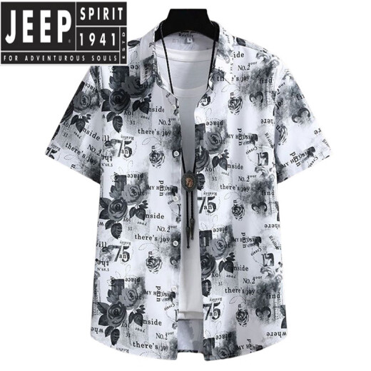 JEEP SPIRIT衬衫男短袖夏季宽松花衬衫冰丝凉感上衣服潮流痞帅休闲五分衬衣男 7126白色+7027黑色 M 建议95~110斤