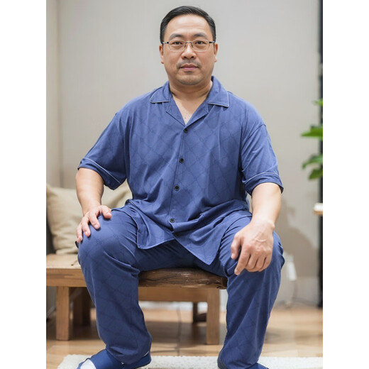 Manson Snow Lotus Extra Large Size 300 Jin [Jin equals 0.5 kg] Pajamas Men's Summer Short-Sleeved Home Suit Clothes Loose and Cool Fat Boy 200 Jin [Jin equals 0.5 kg] 1697 Blue Mercerated Cotton 4XL [Suggested 180 Jin [Jin equals 0.5 kg]-230 Jin [Jin equals 0.5 kg]]