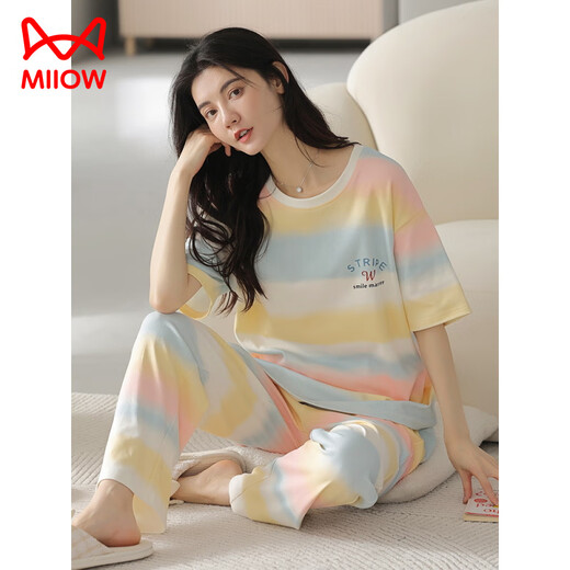 猫人（MiiOW）夏季女士短袖睡衣套装100纯棉长裤家居服全棉可外穿夏天条纹卡通 Y9712 M (建议75-95斤)