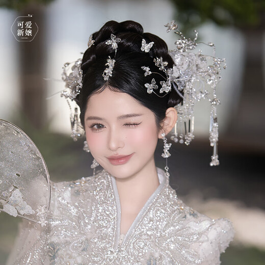 Olevo white moonlight super fairy bridal headdress silver hydrogel flower feather smart Chinese style Xiuhe dragon and phoenix gown hair accessories Yinyu ancient style 8-piece set (ear clip style) HZ1120