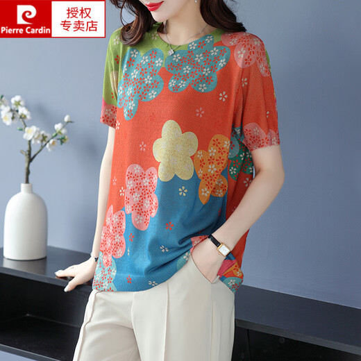 皮尔卡丹（pierre cardin）胖肥mm加大码夏季桑蚕丝短袖T恤女薄款宽松200斤遮肚子印花上衣 L838A色 M