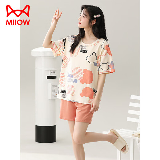Catman (Miiow) Pajamas à manches courtes pour femmes en été ensemble de coton pur avec des vêtements de maison intégrés pour poitrine qui peuvent être portés à l'extérieur avec un style mince de grande taille GXT1047 L (Recommandé 95-115 Jin [Jin est égal à 0,5 kg]))