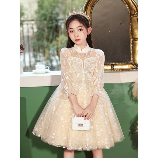 Gemmes colorés Petite fille robe haut de gamme Robe princesse Girls Performance Suit Light Luxury Niche Host 9215 White Long Mancheve [Jupe simple] M 120C