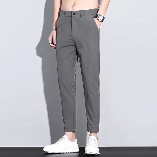 Woodpecker men's summer nine-point pants slim ice silk thin trousers men's 2025 summer new straight-leg casual pants 9905 light gray 33