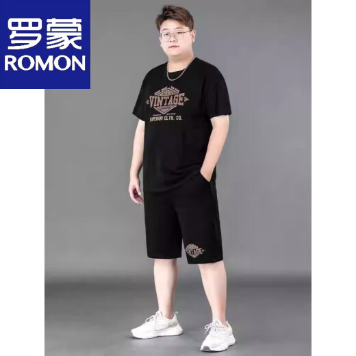 Romon Ins trendy brand short-sleeved T-shirt men's summer suit fat plus fat plus thin casual pants loose sportswear 829 black high-quality ice silk suit XL recommended 130-140Jin [Jin equals 0.5 kg]