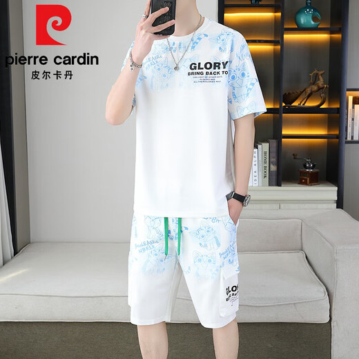 皮尔卡丹（pierre cardin）夏季新款短袖T恤套装男士百搭短裤休闲运动半截袖体恤两件套男装 6187蓝色 XL