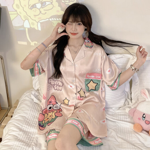 伊蜜魅冰丝睡衣女夏季短袖开衫可爱卡通宽松高级感家居服套装 #FS-2203 #YX-9214 M[75-98]斤 均码