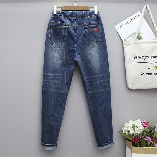 Jingluoya 230jin [Jin est égal à 0,5 kg] un pantalon de soeur gros dans le style mince d'été plus un graisse plus des jeans de taille pour les filles pantalons hauts élastiques 6623 Version bleue régulière xl 115-135jin [Jin est égal à 0,5 kg]