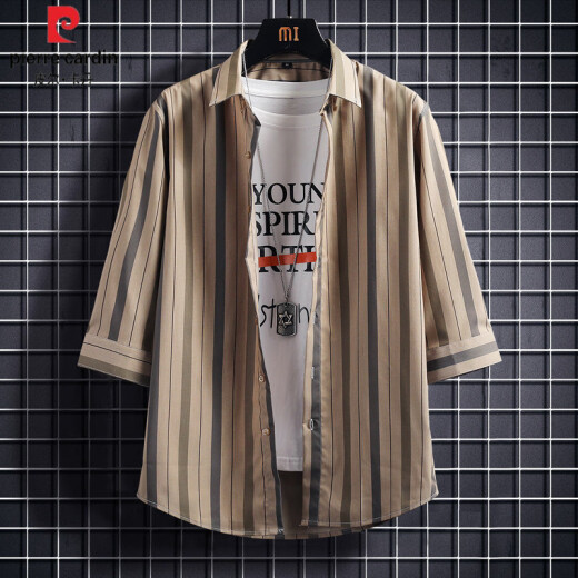 Pier Cardin Camisa de manga de siete trimestrales para hombres Camiseta de moda de estilo coreano de verano para hombres para hombres Rayas verticales casuales Del finas delgadas DC679 Brown 2xl