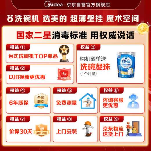 Midea [UP2 Polar] 5 sets of desktop dishwasher wall-mounted household secondary water-efficient two-star disinfection 85 hot air drying ultra-thin washing and drying integrated storage state subsidy 15%
